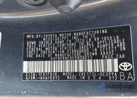 2014 Toyota Corolla Le Eco Plus из США, поврежденный, VIN 5YFBPRHE6EP030223